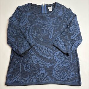 Chico's Paisley Jacquard 3/4 Sleeve Black Blue Textured Sweater with Zip Back